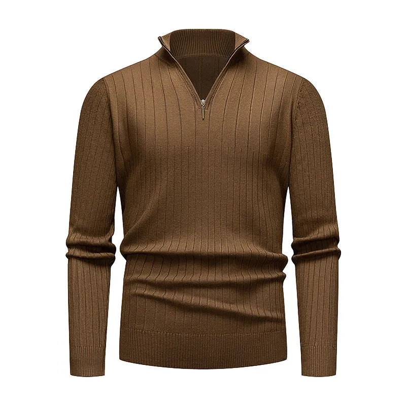 Men's half-zip striped knitwear sweater with stand collar and long sleeves in khaki, brown, dark grey, navy blue, or black