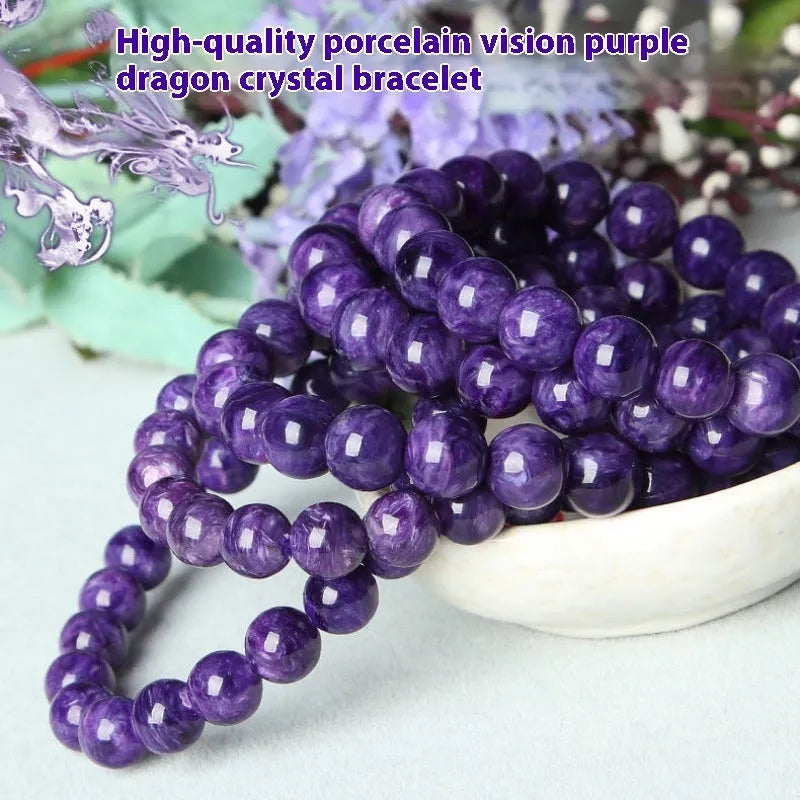 Natural transparent charoite crystal bracelet with platinum setting, showing different bead size options on a wrist.