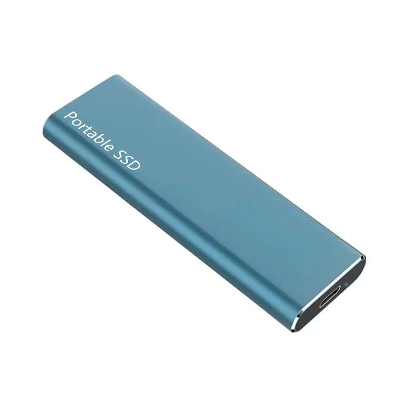 Ultra-thin external mobile solid-state drive with a metal shell, showing red interface connector.