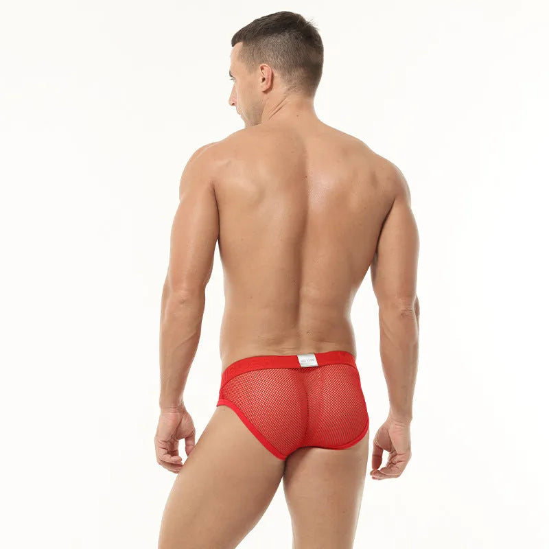 Men's solid colour low waist briefs in nylon mesh fabric on a white background.