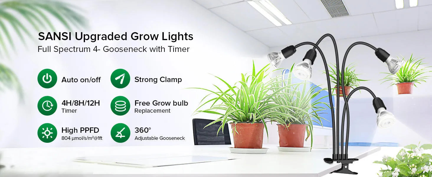 LED grow light with timer, full spectrum, gooseneck clip attached to shelf, 20W 30W 40W options for indoor plants