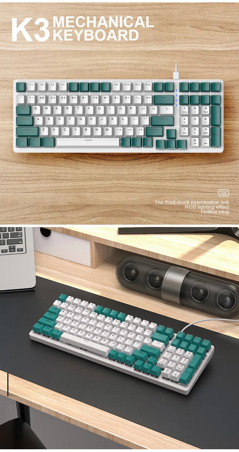 Wired mechanical keyboard with 100 ABS keys, USB cable, compact design, available in Bee colour