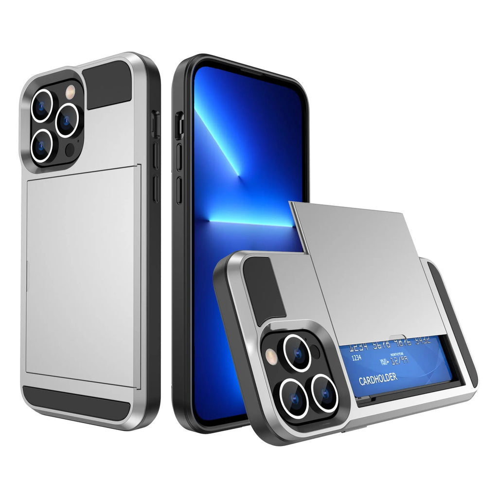 Solid colour plastic slide card phone case for iPhone 14 Max with card slot on back