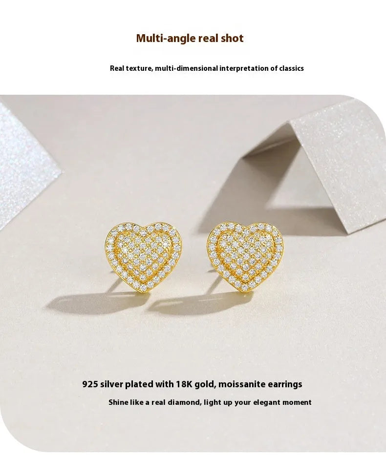 Golden heart-shaped stud earrings with moissanite stones on S925 silver