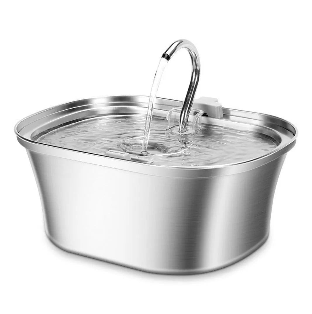 Stainless steel round pet water dispenser with large reservoir and selectable faucet attachment