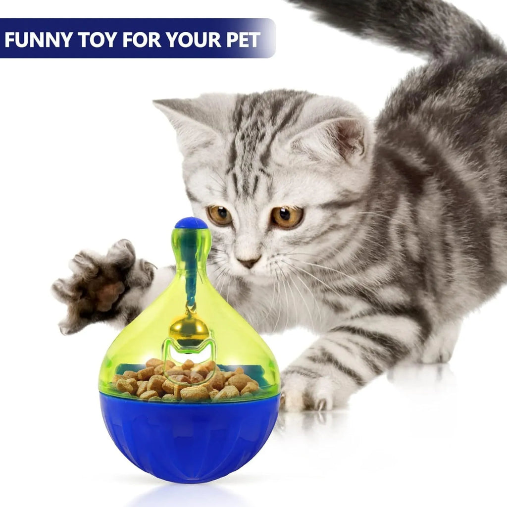 Blue and white tumbler-shaped pet toy for dispensing dog or cat treats during play.