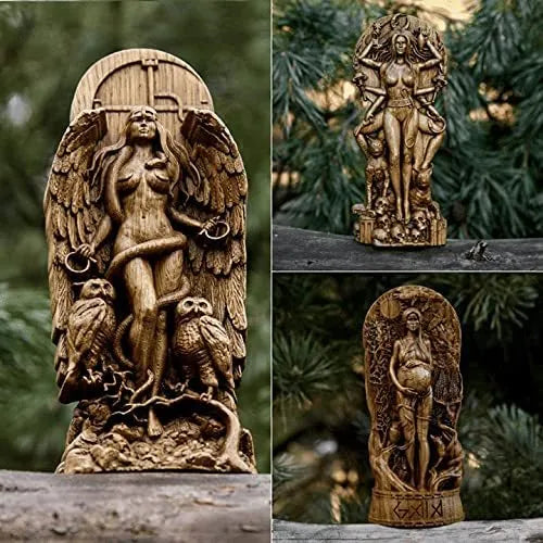 A detailed synthetic resin Greek goddess statue on a stand for altar or garden use.