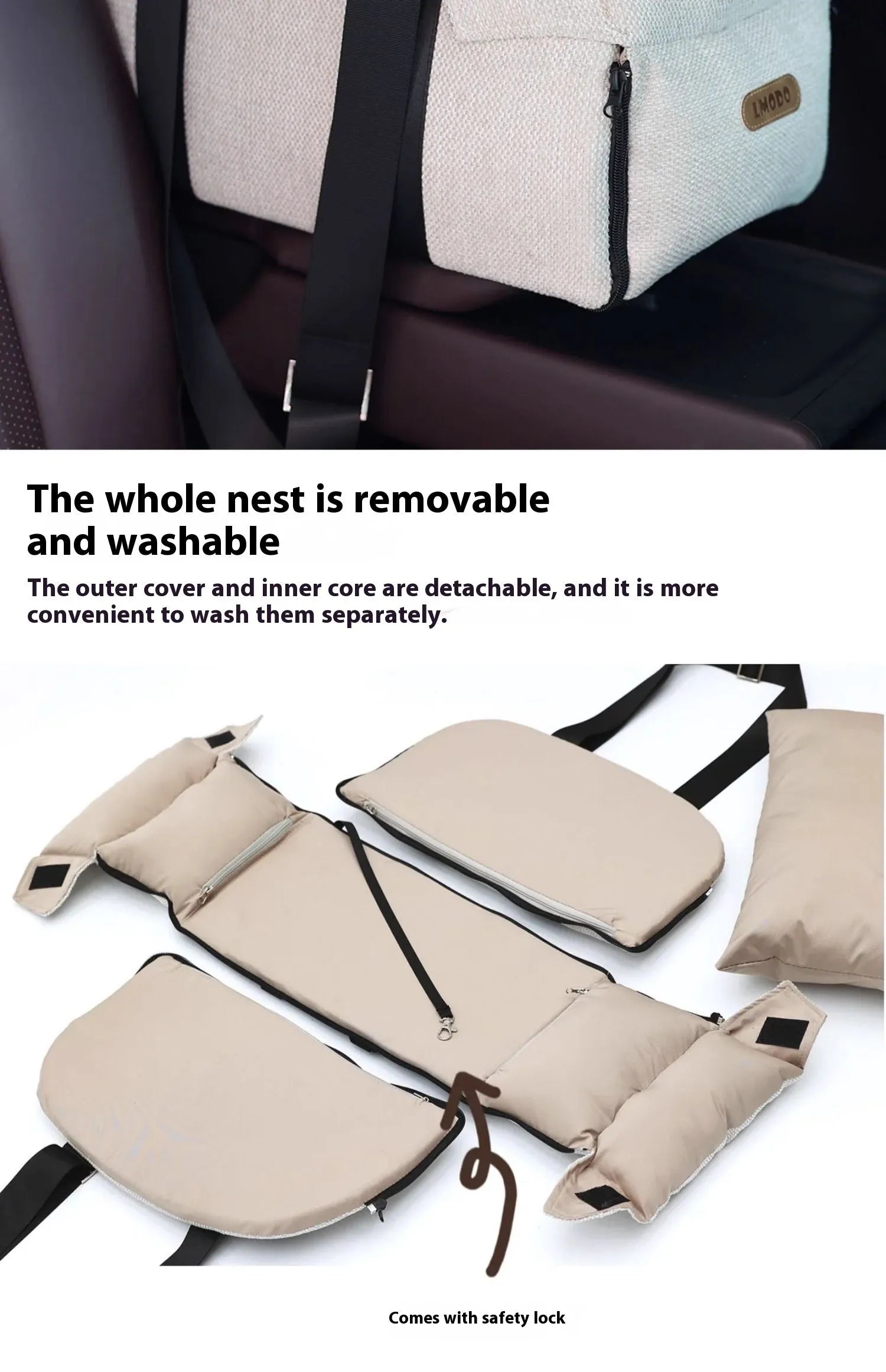 Beige white foldable pet car nest and bed for small dogs and cats