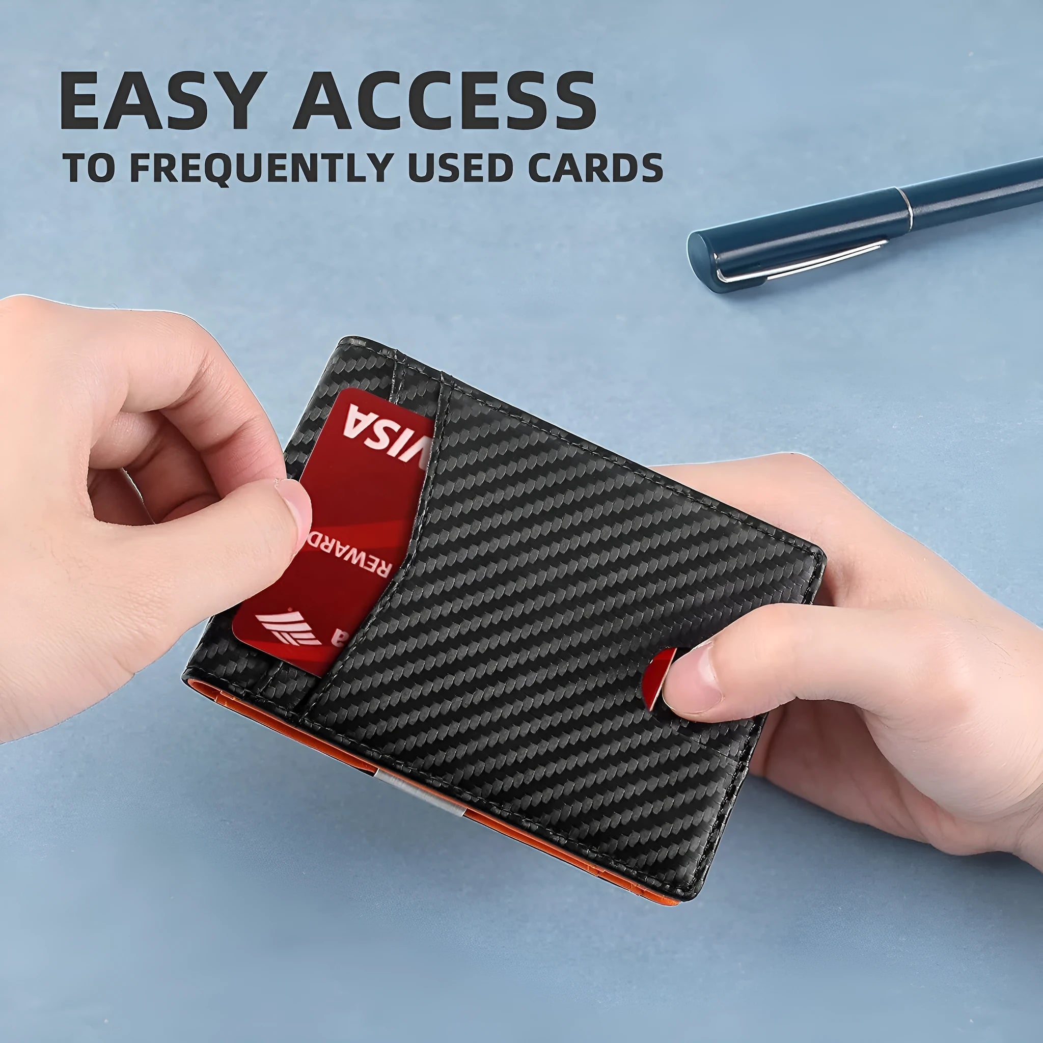 PU leather RFID anti-theft wallet with multiple card slots in carbon fibre black, measuring 11 x 7.9 cm
