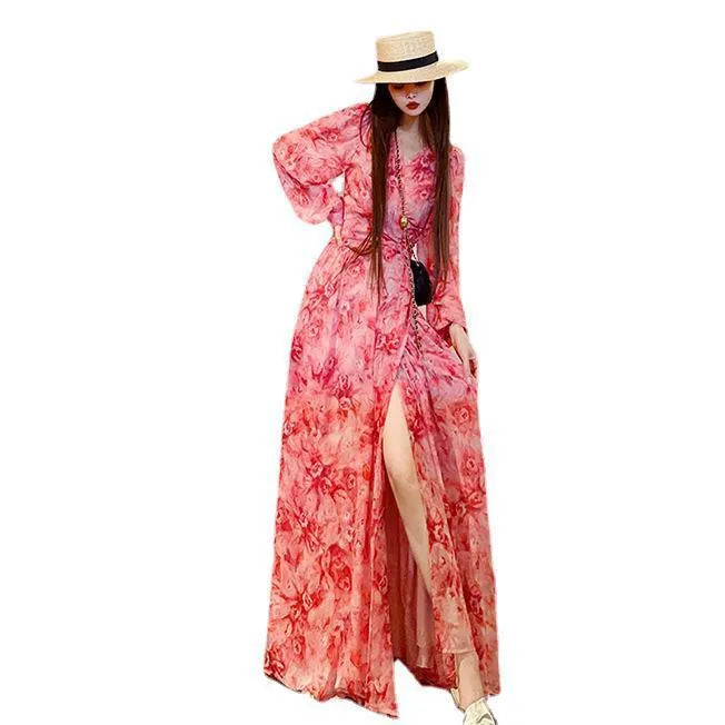 Floral V-neck Pure Desire split long sleeve dress in pink with princess sleeves, mid-length skirt, art retro style