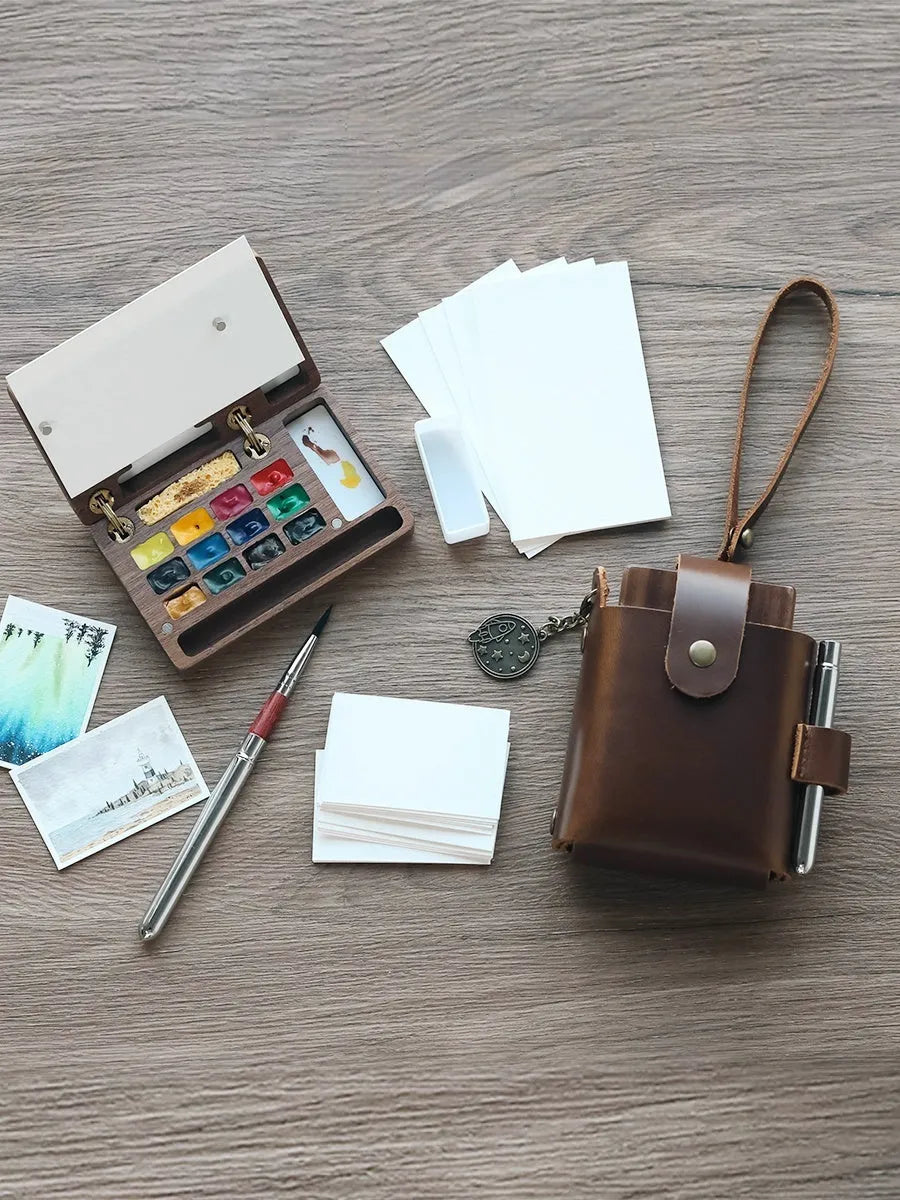 Mini walnut wood watercolour paint box with pigment suit set options