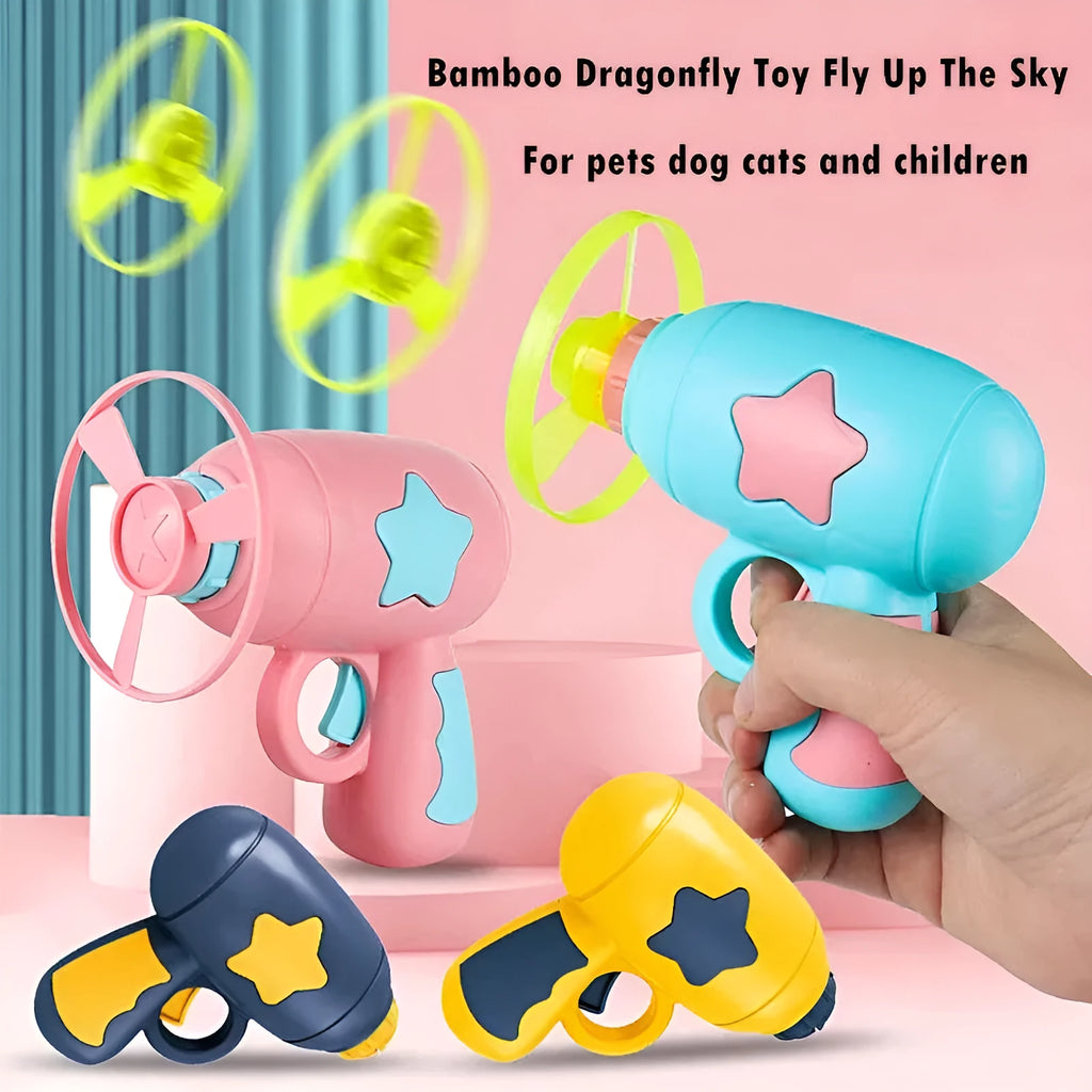 Flying saucer launcher toy set with LED flashing discs and launcher gun in assorted colours