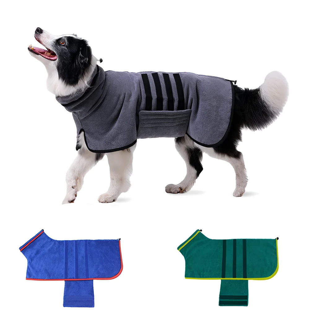 Adjustable dog bathrobe in blue, gray, green, or navy, sizes Xs to 3XL, for drying small to large dogs after bathing