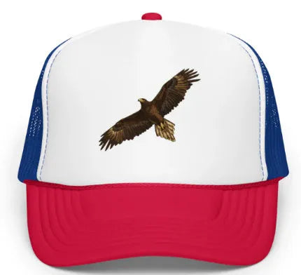 Red Sponge Hawk baseball cap with dome crown, embroidery and printing, polyester main fabric.
