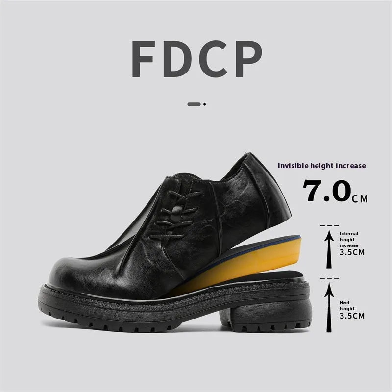 Black platform leather-style shoes with round toe and low top for height increase.