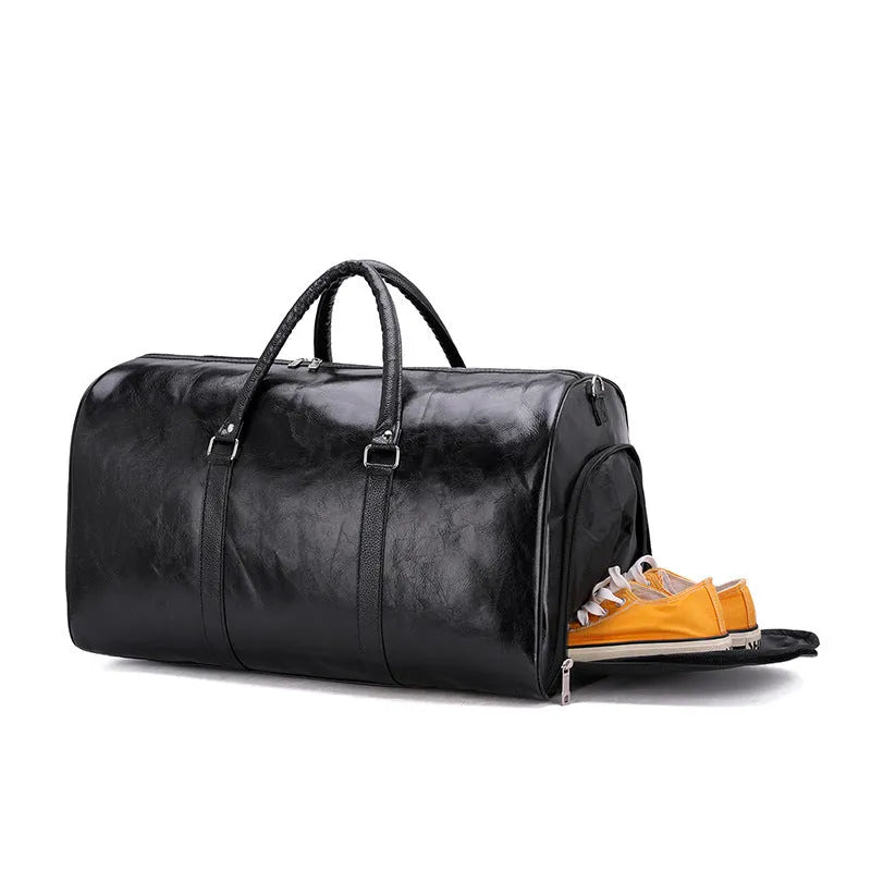 Retro large capacity men's sports gym bag in black PU leather with visible sewing thread stitching