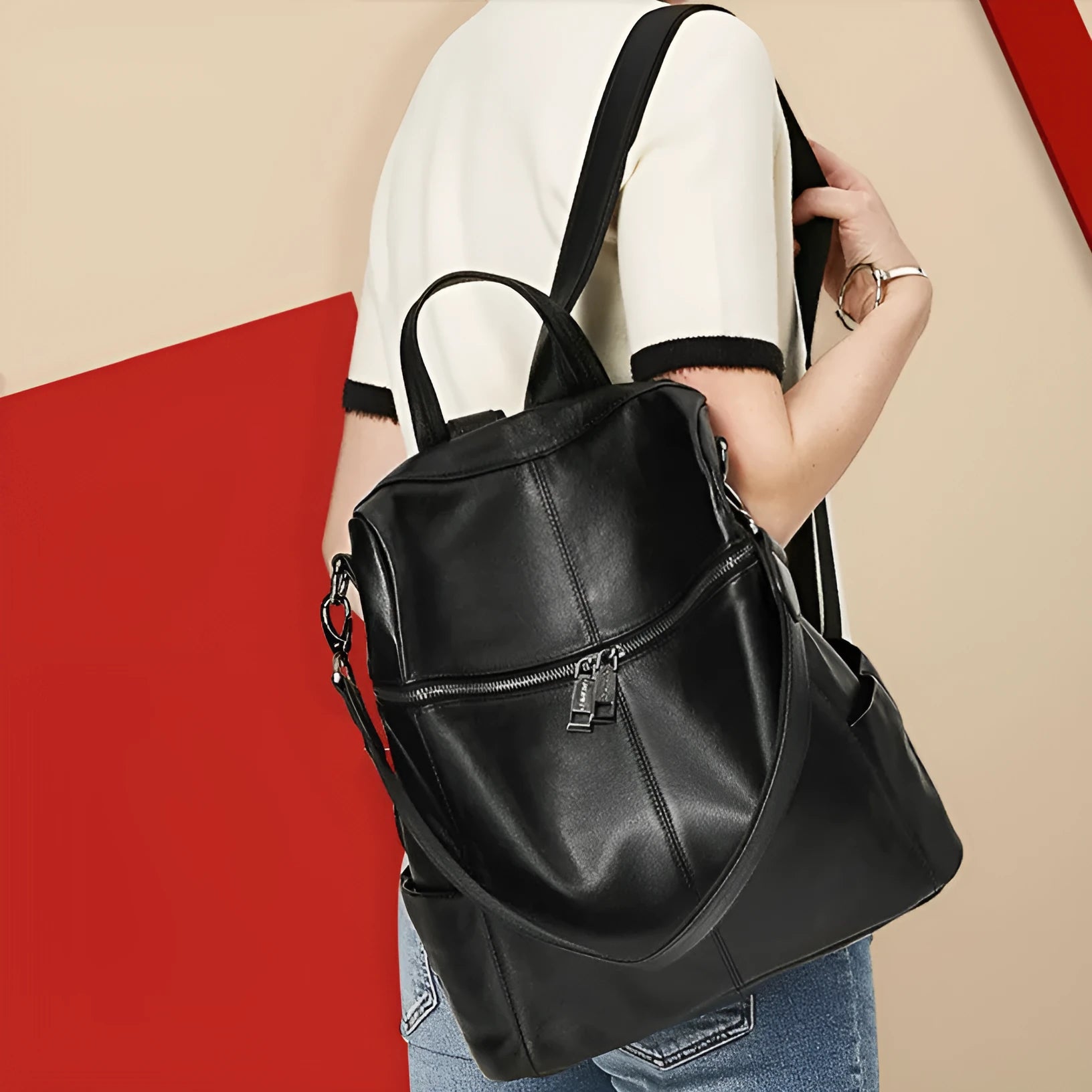 Genuine leather women's retro backpack showing organisation compartments and waterproof construction