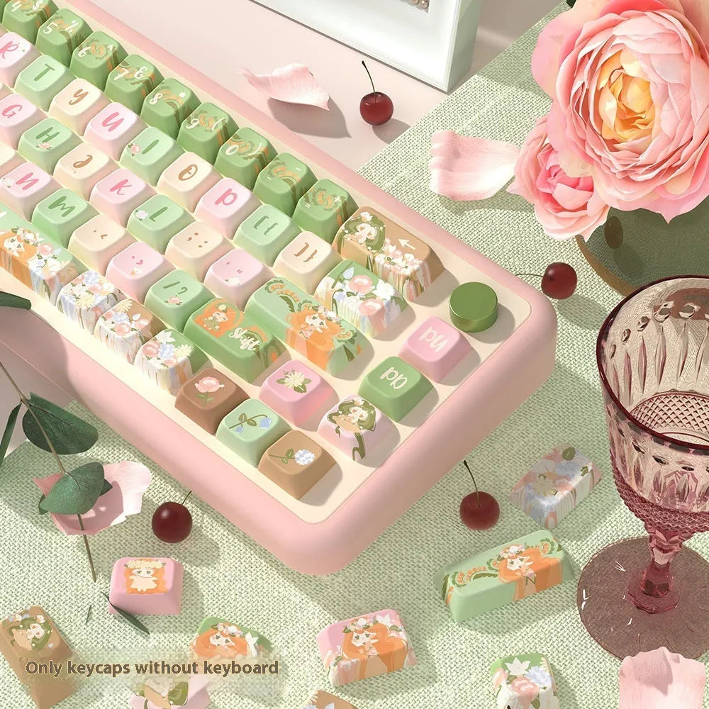 Set of mechanical keyboard key caps with a colourful summer garden design, shown in 138-key and 158-key options.
