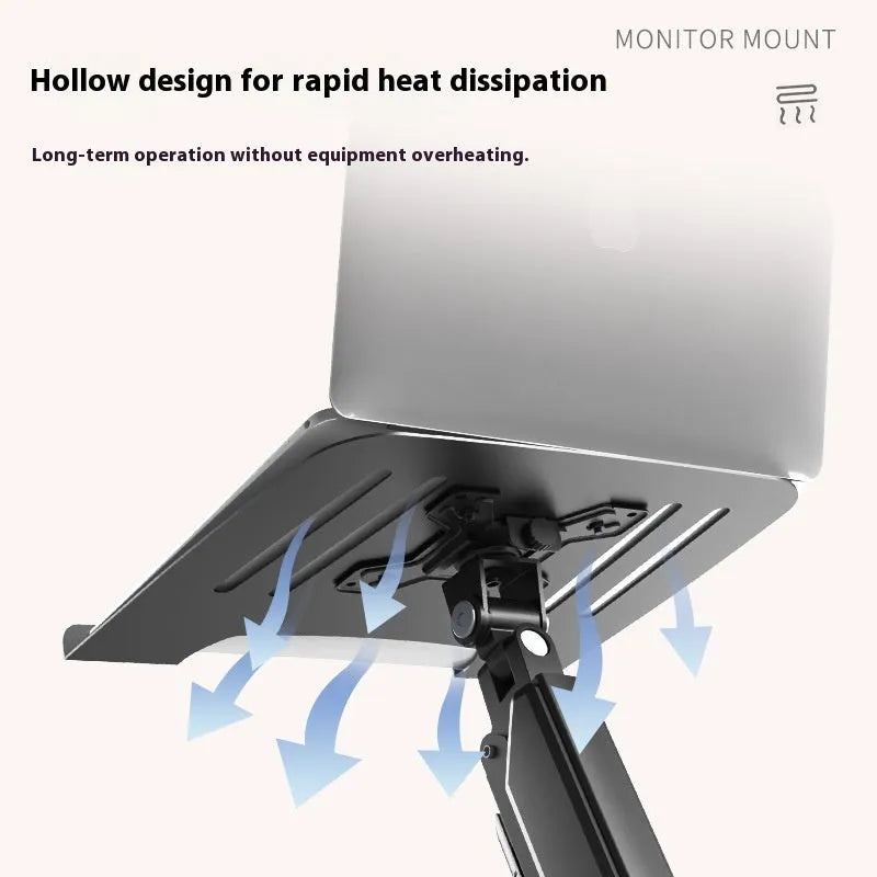 Aluminium alloy laptop support bracket with suspended cooling design and height adjustment 440x330mm on a desktop