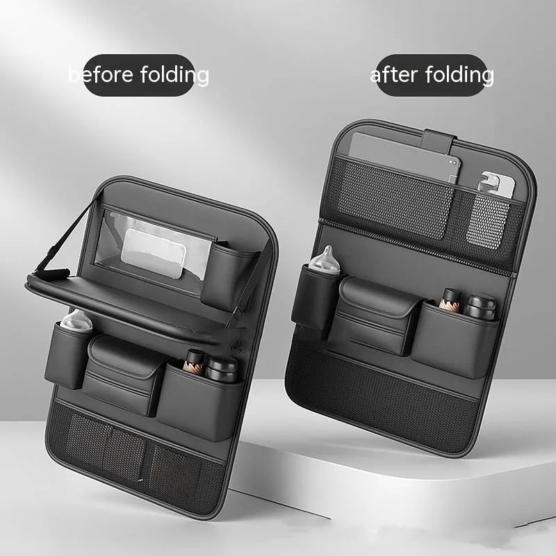 Car seat storage bag with foldable table in leather, hanging behind vehicle seat