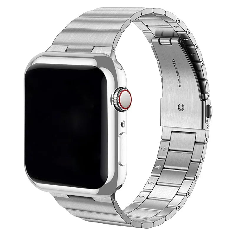 Stainless steel metal watch band for iWatch 38mm to 49mm in silver finish on table