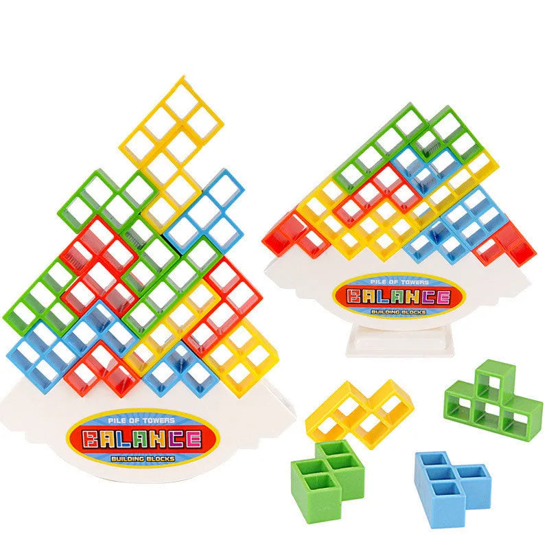 16-piece plastic balance stacking blocks with chassis and base on a table