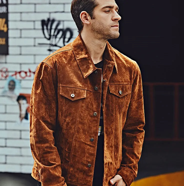 Men's brown pigskin leather biker jacket with asymmetric zip front and stand collar