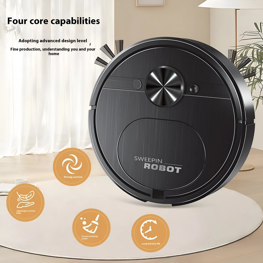 Black and white robotic vacuum cleaner with USB charging port and water tank for mopping