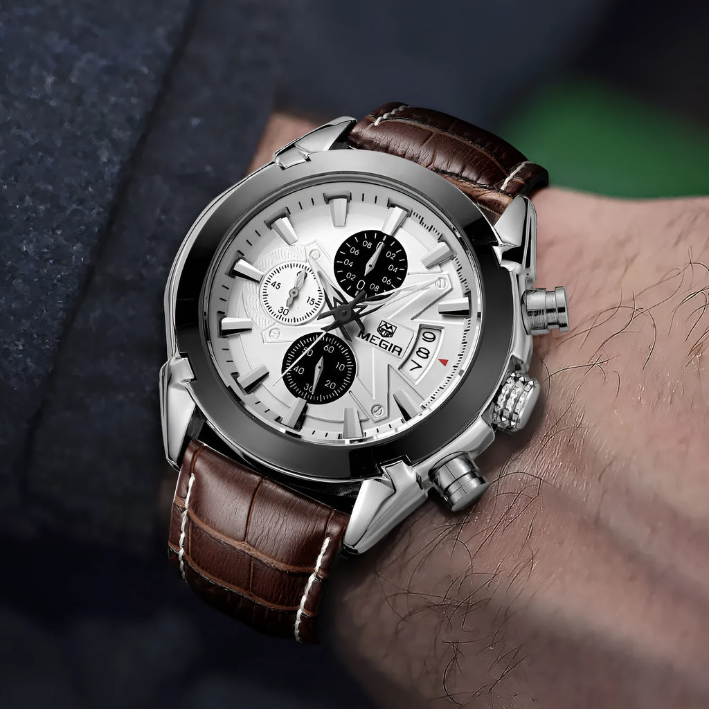 Men's quartz chronograph watch with three sub-dials, luminous markers, and waterproof case