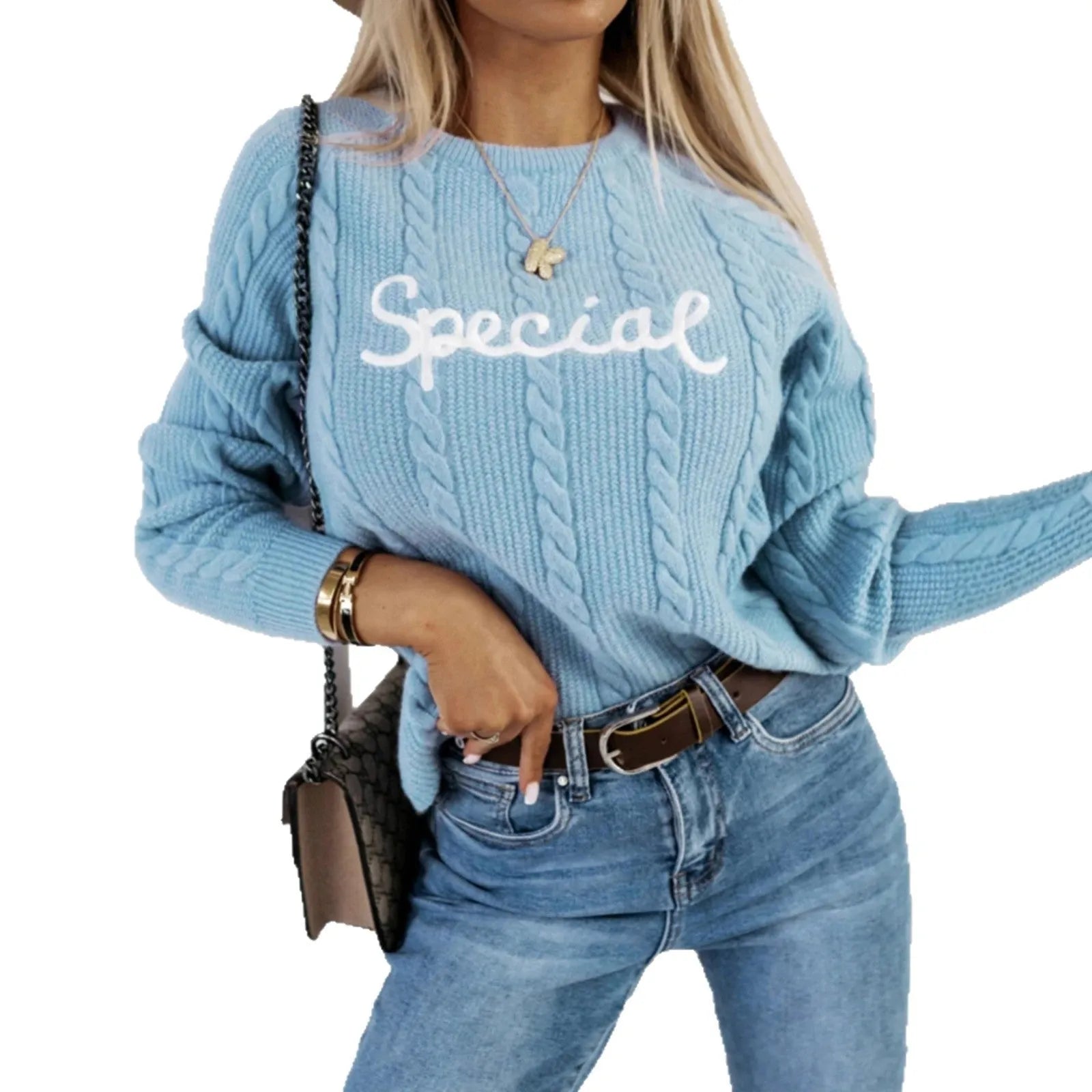 Blue crew neck pullover sweater with embroidered letter design on the chest.