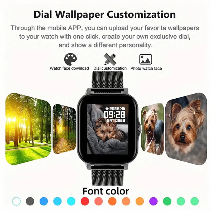 Smart watch with 144-inch touchscreen display showing health metrics and call functions