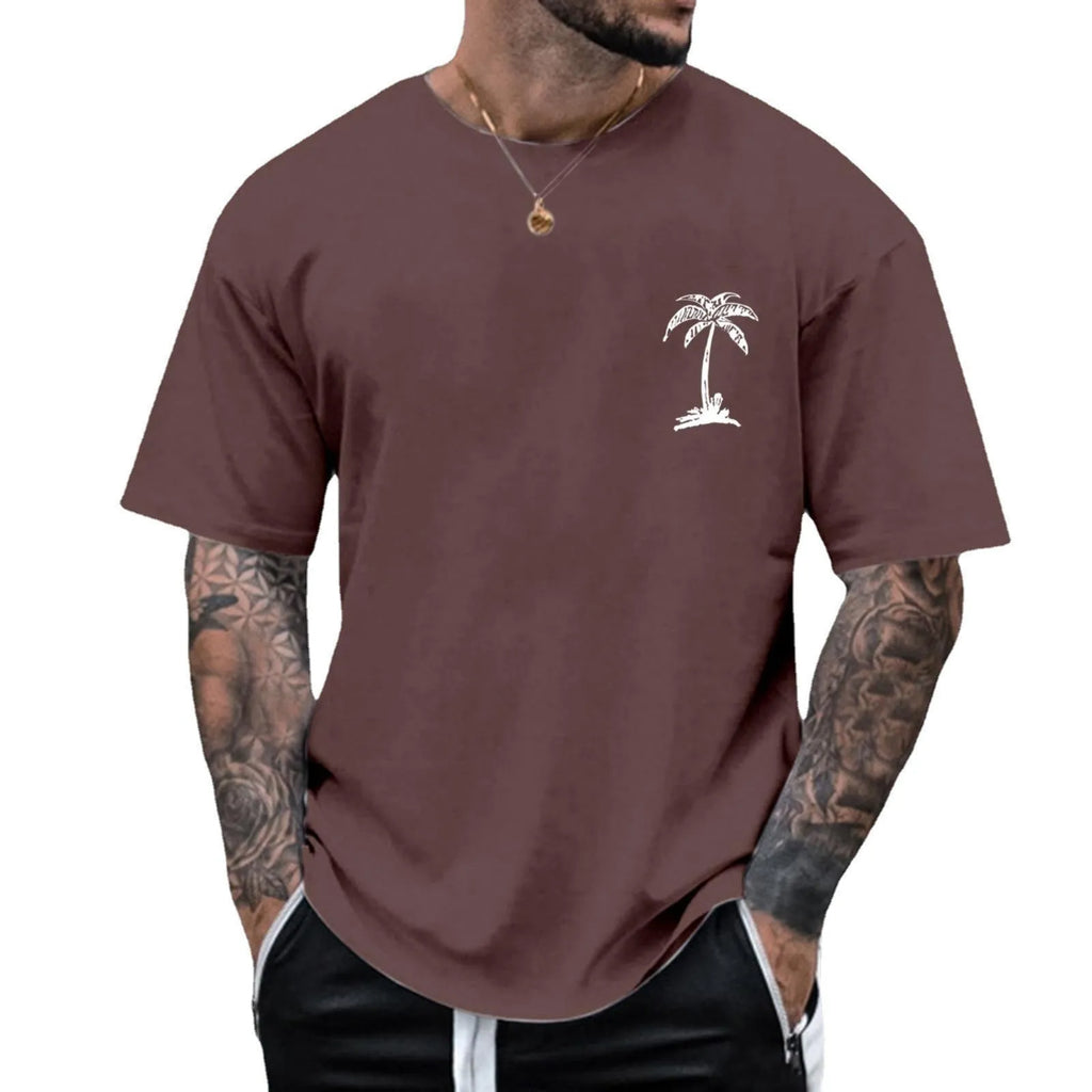 Men's round neck printed short sleeve T-shirt, loose pullover, polyester, sizes S to 6XL