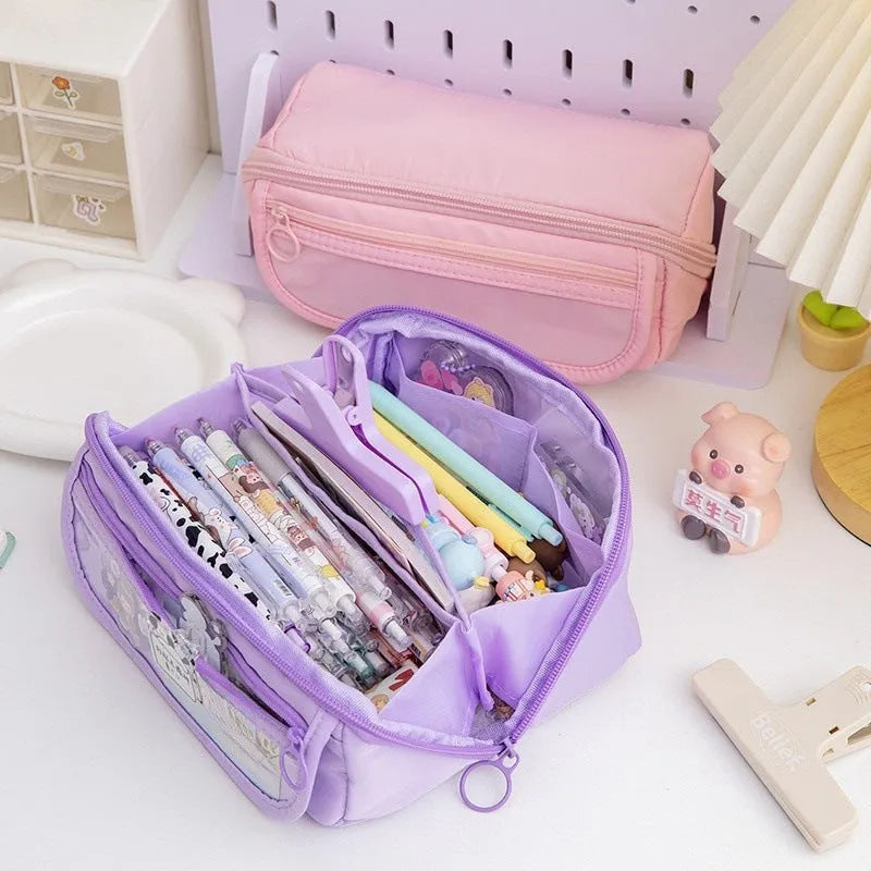 Korean canvas pencil case showing ten-layer flip design in multiple colour options