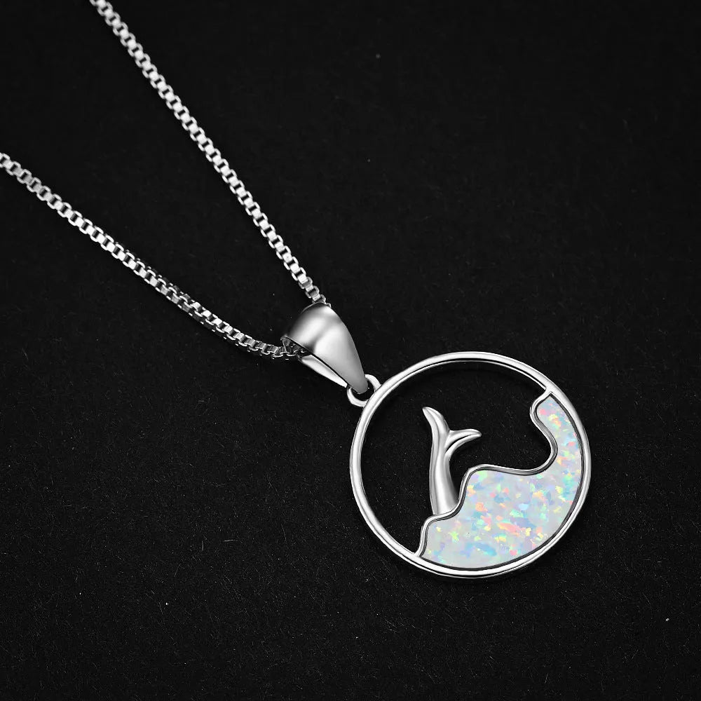 Geometric round opal pendant necklace with electroplated platinum finish on a 45cm chain.