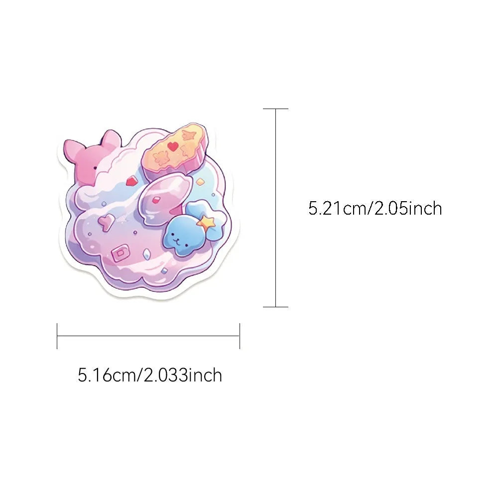 Pack of fresh candy-coloured decorative stickers with small object designs, scale showing 4-7 cm size.