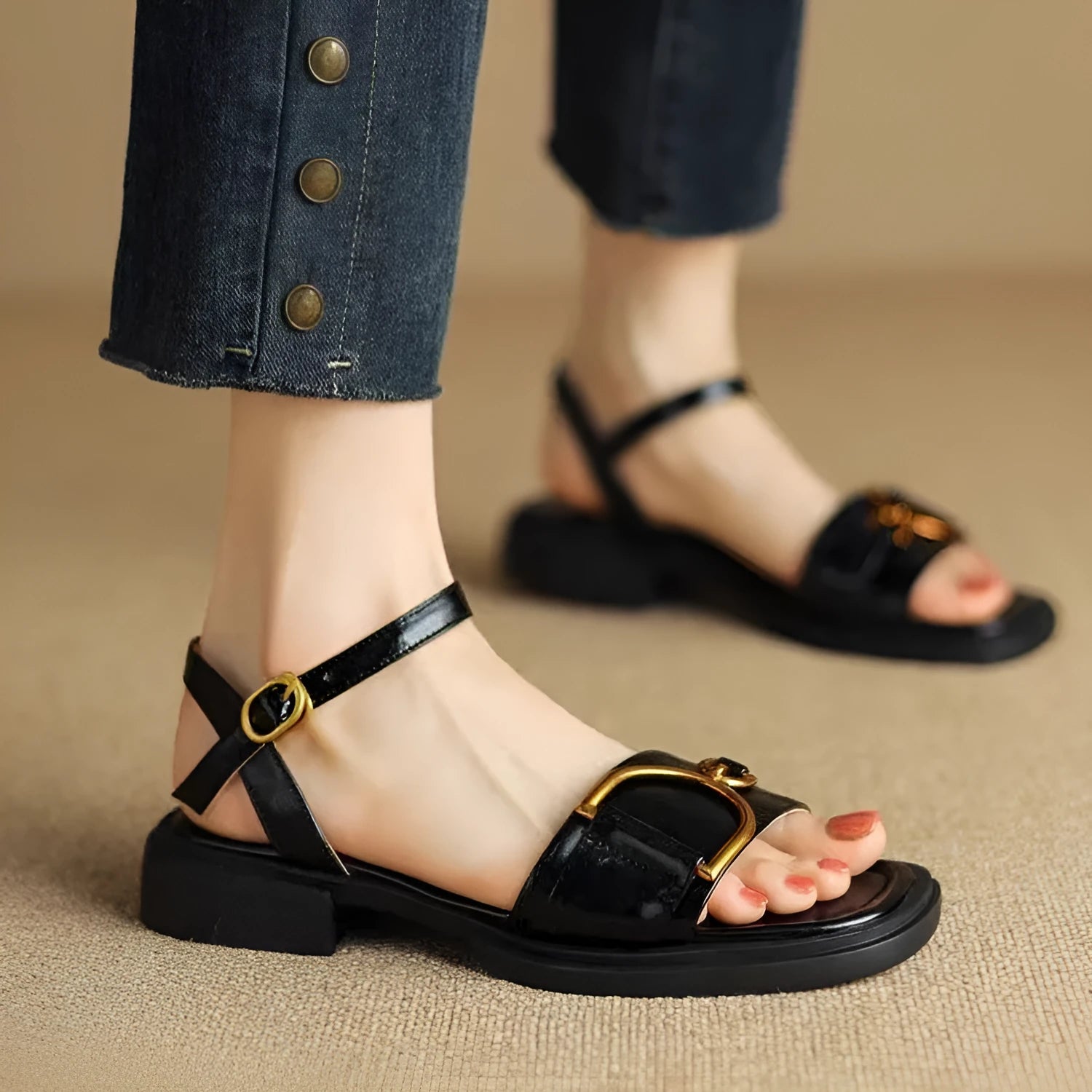 Women's casual leather sandals with thick rubber soles and button fastening in beige colour