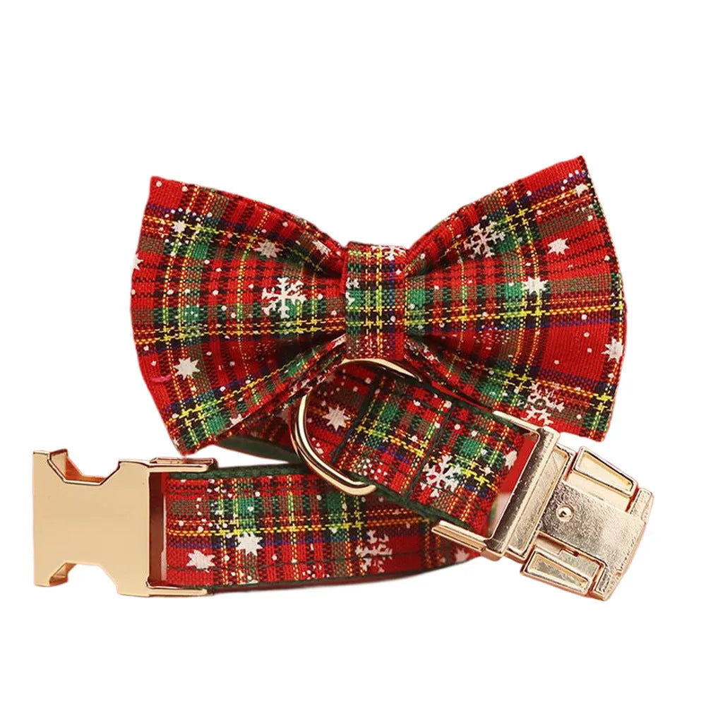 Green snowflake Christmas pet collar four-piece set with matching dog leash, vest and bow tie