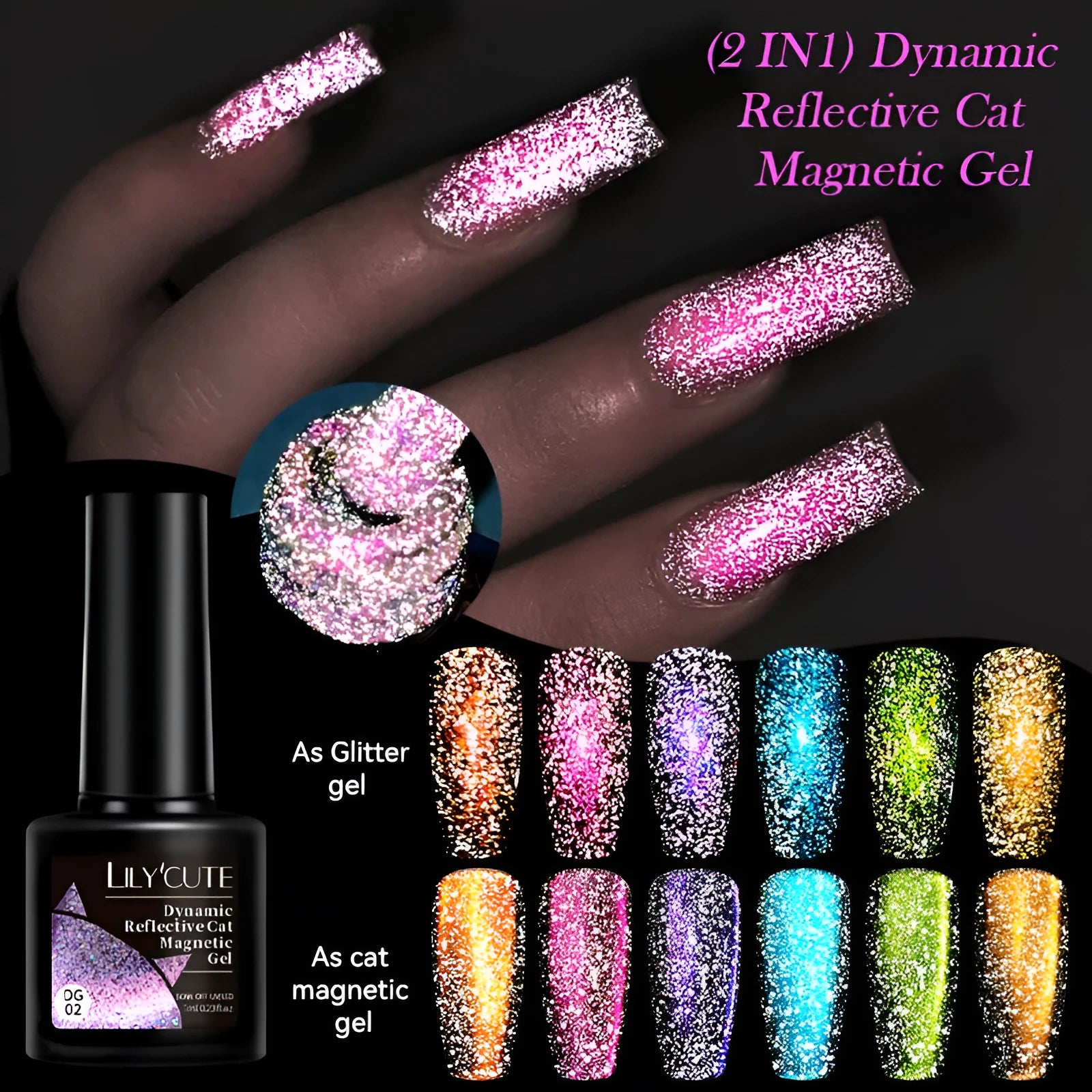 Cat Eye series UV nail polish gel bottle with diamond glitter fragments in six colour options including nail glue
