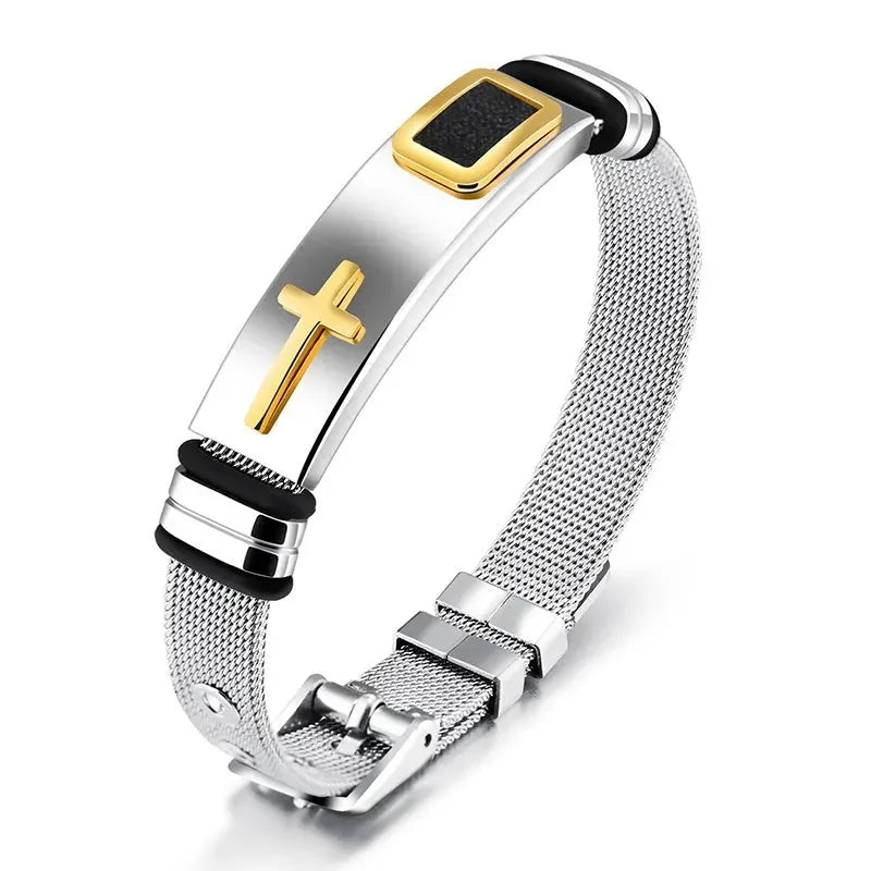Adjustable 3D cross stainless steel mesh chain bracelet in gold on a white background