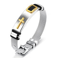 Adjustable 3D cross stainless steel mesh chain bracelet in gold on a white background