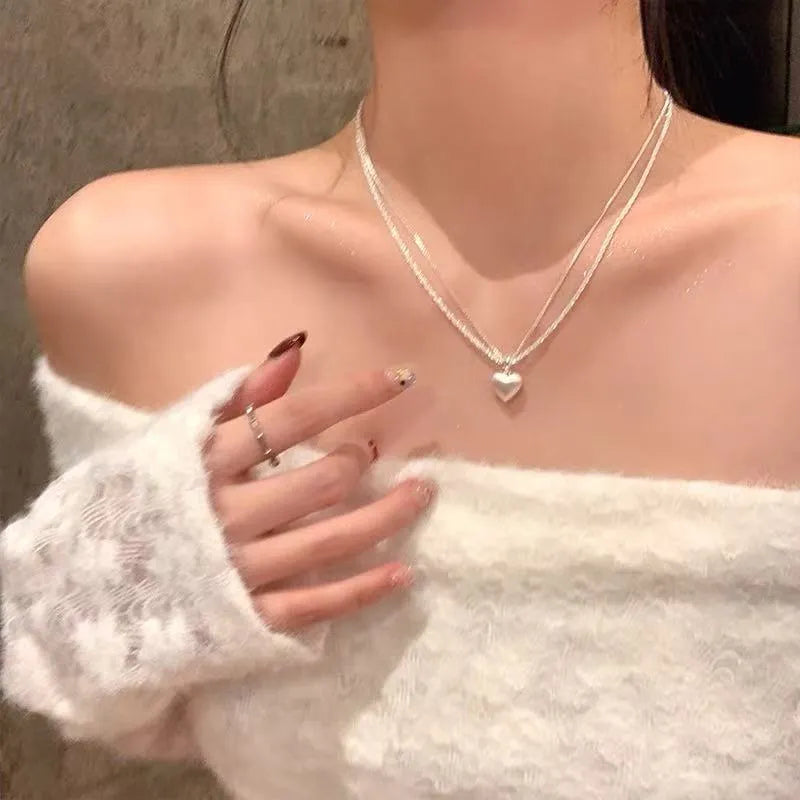 Double-layer brushed silver heart pendant necklace for women with adjustable chain