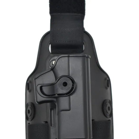 Green tactical plastic leg holster with quick-pull design shown on a model, suitable for outdoor sports.