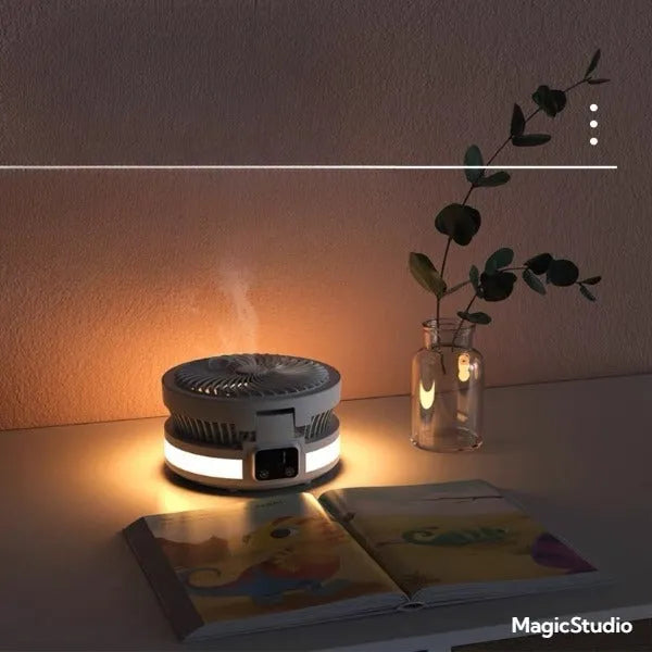 Portable 7-inch rechargeable folding desk fan with LED lamp and aromatherapy, white colour, placed on a table