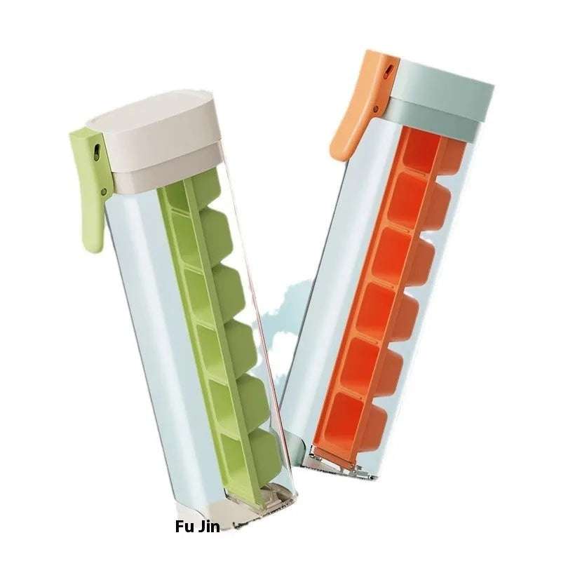 Food-grade plastic ice cube tray with one-touch release and storage box in blue or white.