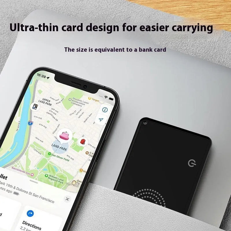 Locator smart wallet anti-loss alarm device in black ABS, 85x54x3.28mm, on a flat surface