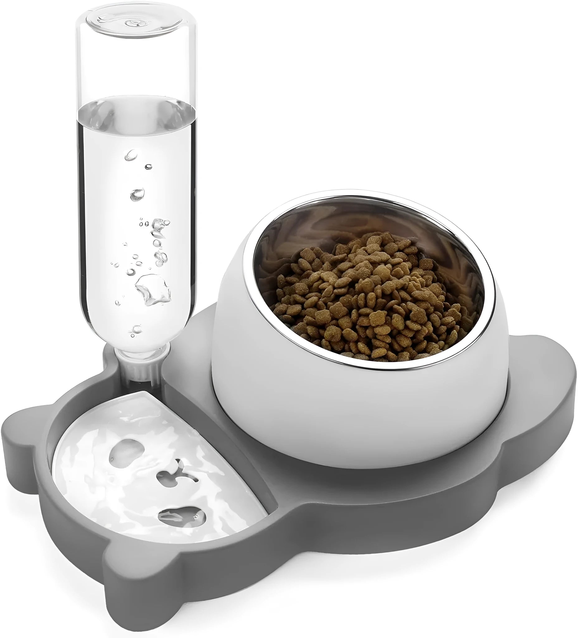 Grey panda-design automatic pet feeder with water bottle and tilted stainless steel bowls