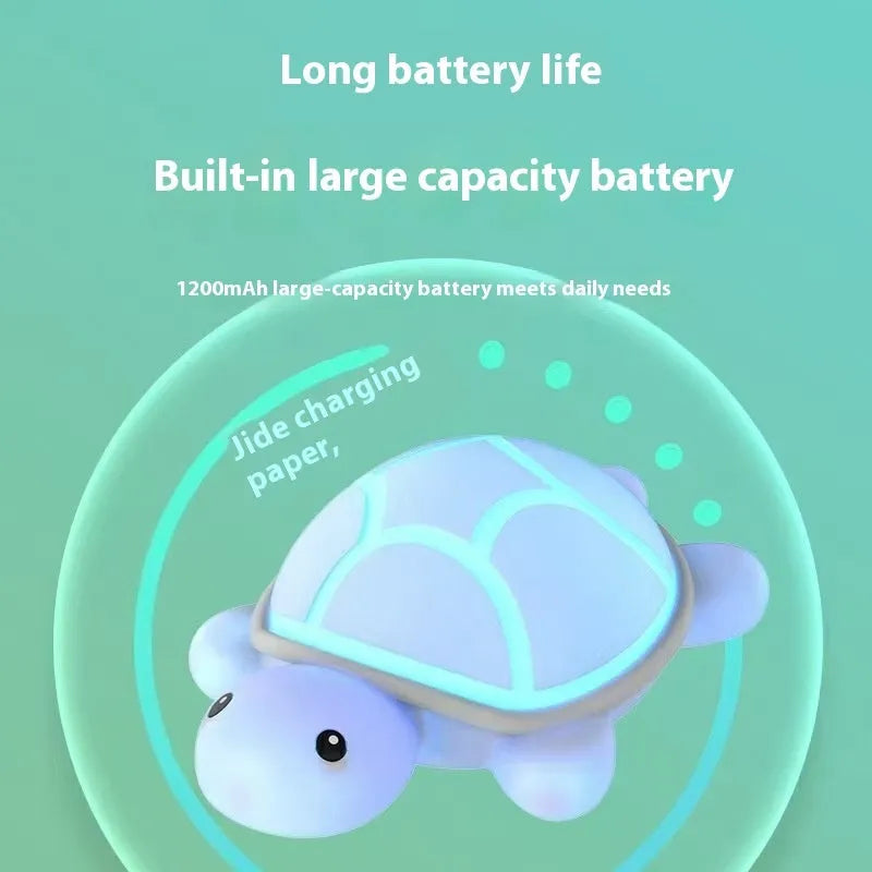 Cute turtle silicone USB rechargeable night light on a bedside table, soft glow, low voltage
