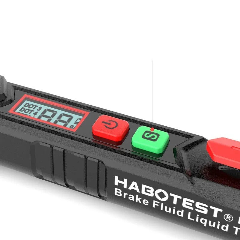 Digital brake fluid tester with display screen showing colour-coded moisture readings