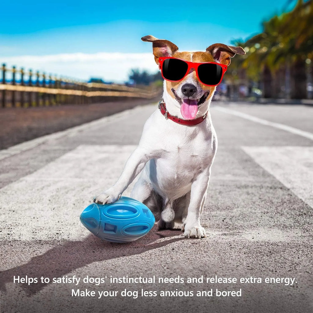 Blue, green, and orange squeaky rubber dog ball with surface grooves for aggressive chewers