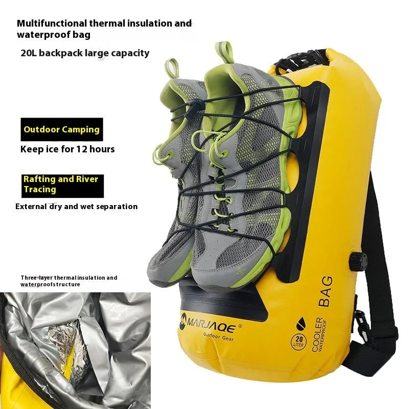 Yellow and black PVC dry bag with 20L capacity showing wet/dry separation compartments for water sports